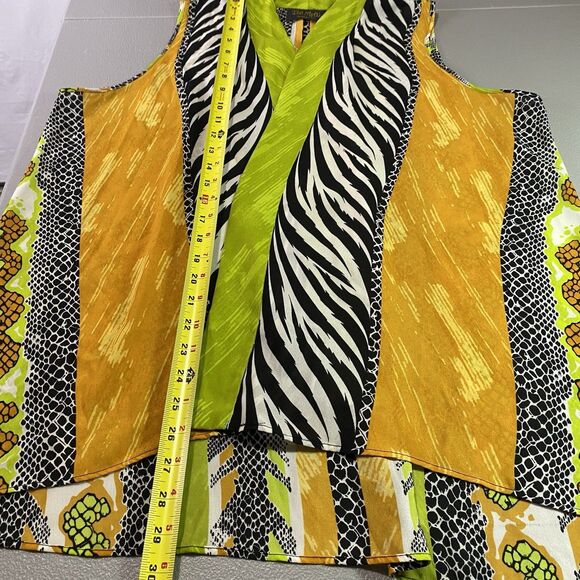 Vtg BOB MACKIE Wearable Art Open Front Blouse Sleeveless Bold 80s Womens L Green - Picture 6 of 8